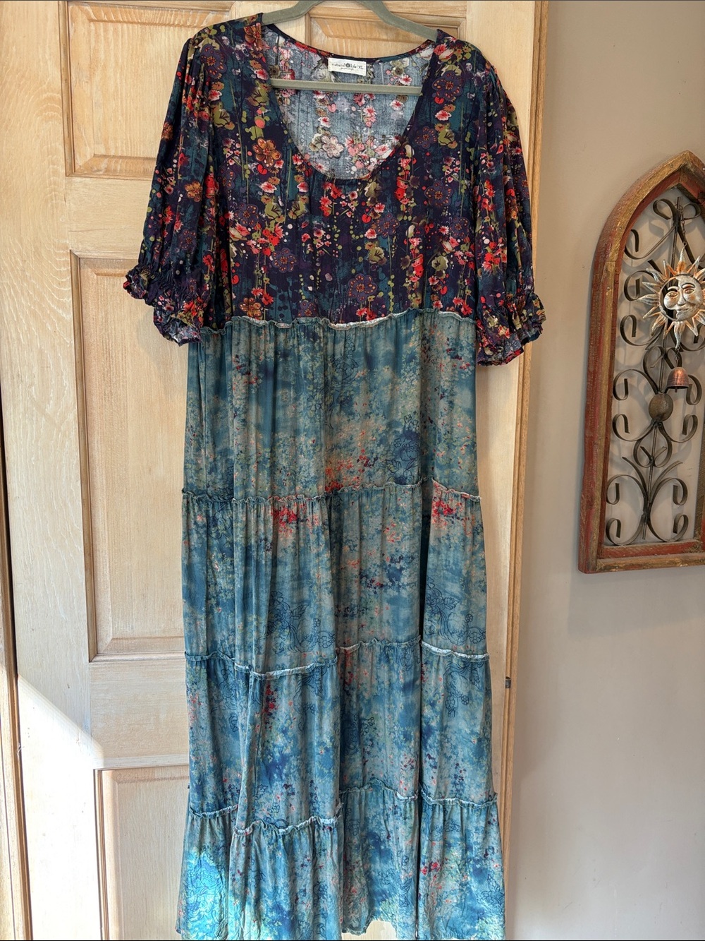 NATURAL LIFE Navy Floral and Teal Tiered Maxi Dress XL